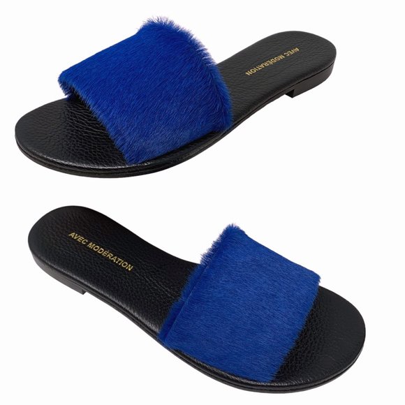 AVEC MODÉRATION Bora Bora Royal Blue Pony Hair Leather Slides - Picture 8 of 11